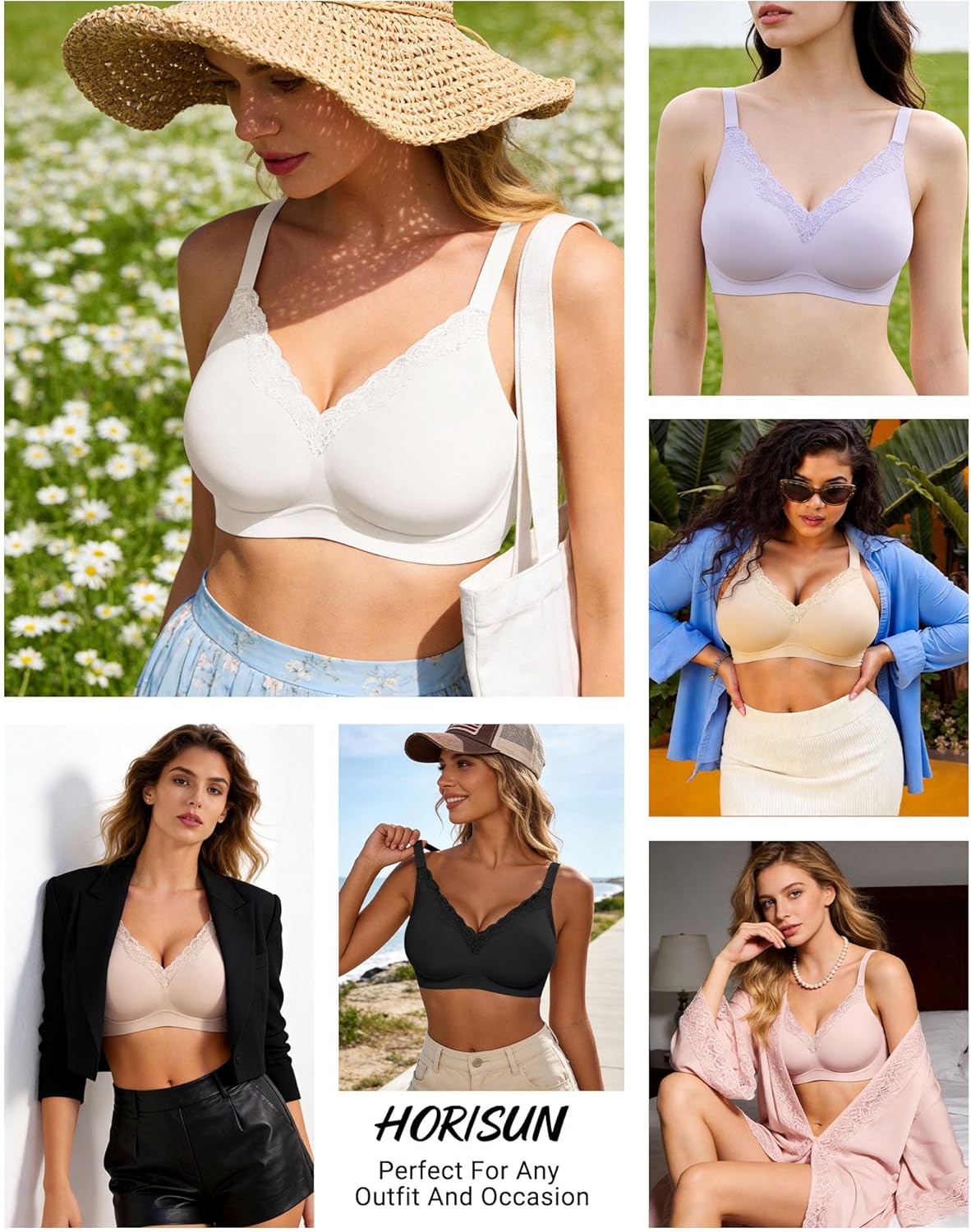 HORISUN Wireless No Underwire Bra for Women V-Neck Lace Trim Jelly Supportive Seamless Bra Comfortable Tshirt Bralette