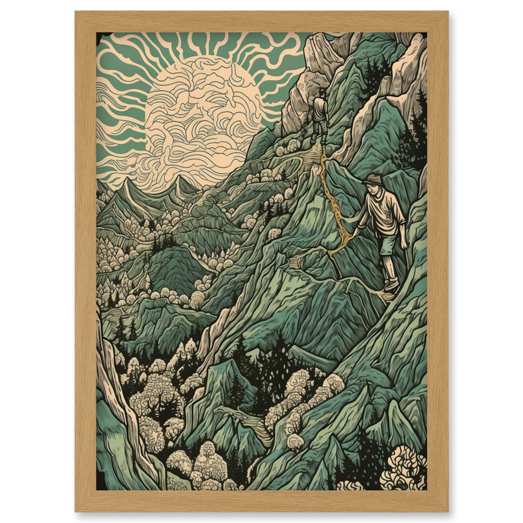 Artery8 Climb Every Mountain Hikers at Sunrise Linocut Artwork Framed Wall Art Print A4