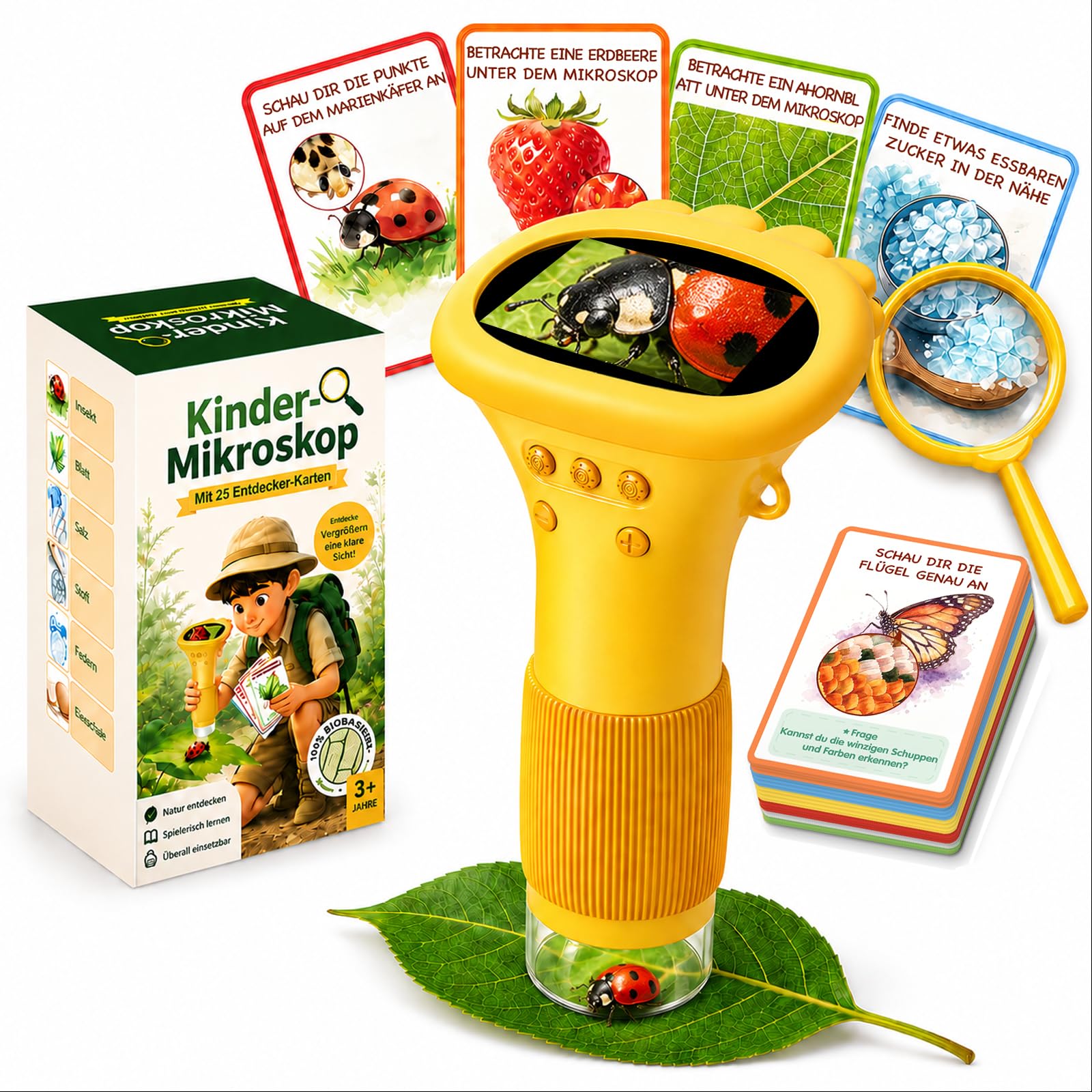 GeschenPark Digitales Mikroskop für Kinder mit 25 Entdeckerkarten, 1000X Vergrößerung, 2-Zoll-1080P-HD-Display, Spielzeug ab 3-12 Jahre Jungen Mädchen, Geschenk für Kinder – Amazon Angebot