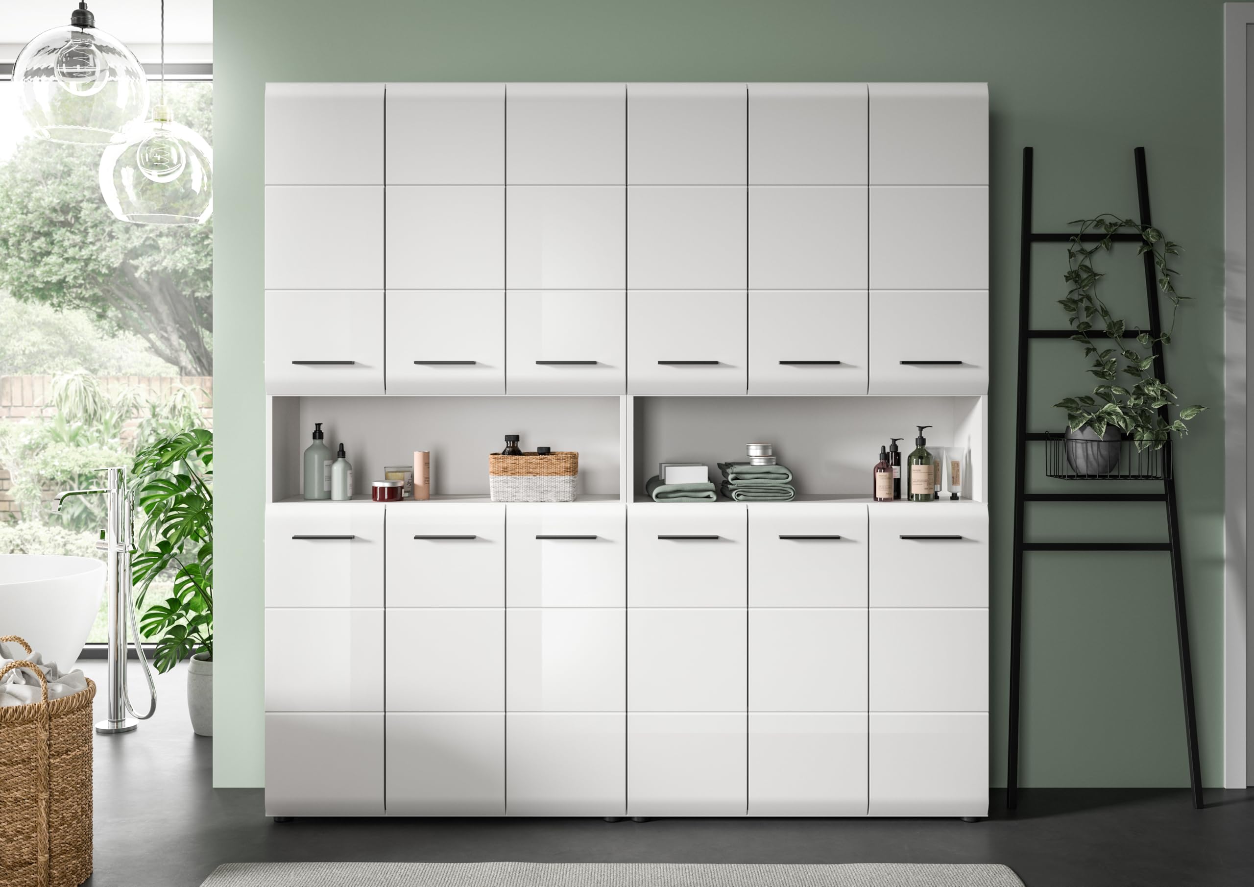 xonox.home – 2 TLG. Badmöbel Kombination Ice 180x185x30 cm in Korpus weiß Nachbildung und Front weiß Hochglanz – Platzsparendes Badezimmermöbel-Set in modernem Hochglanz-Look – Bild 5