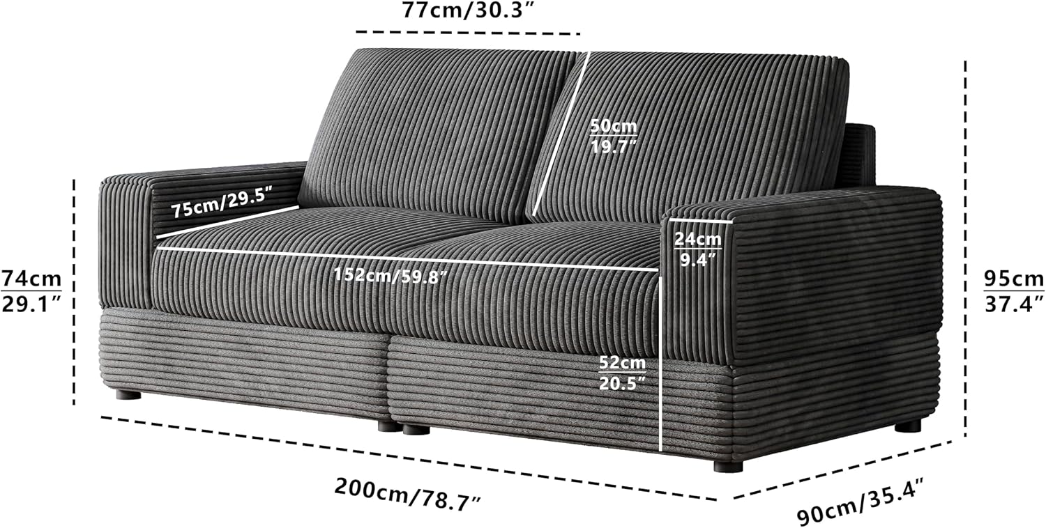 78'' 2-Seater Corduroy Sofa Modern Corduroy Loveseat with Comfy Pillows Deep Seat for Living Room Bedroom Apartment Office (Black, 2 Seater)
