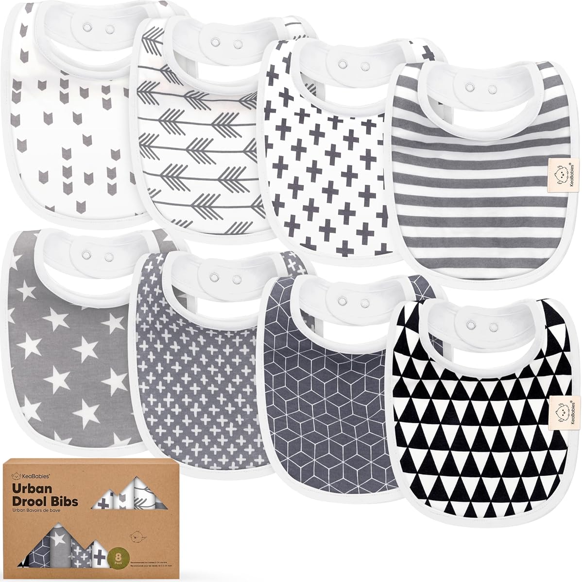 8-Pack Organic Baby Bibs for Drooling and Teething (Grayscale) | Soft Cotton Bibs for Baby Girl, Boy, Extra Absorbent, Easy to Clean & Put On, Toddler, Newborn, Infant 0-24 Months