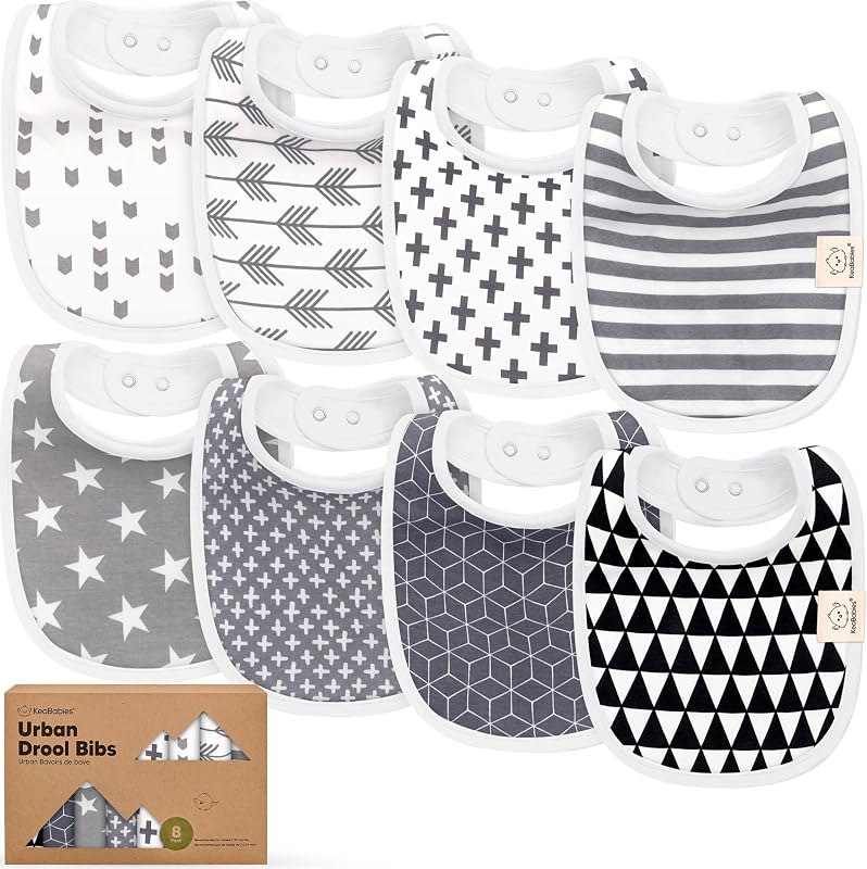 8-Pack Organic Baby Bibs for Drooling and Teething (Grayscale) | Soft Cotton Bibs for Baby Girl, Boy, Extra Absorbent, Easy to Clean & Put On, Toddler, Newborn, Infant 0-24 Months
