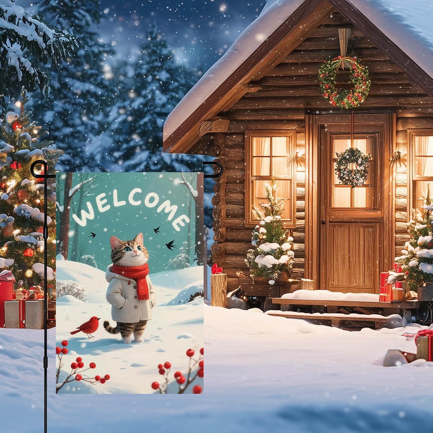 IVN Winter Welcome Garden Flag 12x18 Inch Tabby Cat in Beige Coat Red Scarf with Snowfall Pine Trees and Red Berries Flag Double Sided Outdoor Yard Banner for Porch Lawn Patio Decor Christmas - Image 3