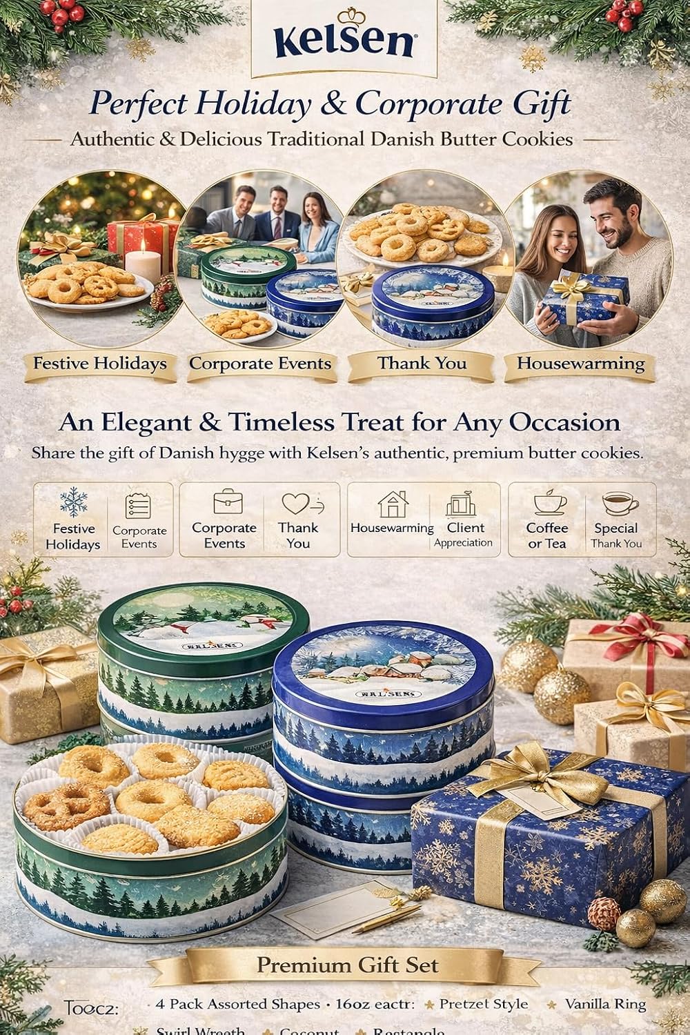 Original Danish Butter Cookies, Assorted Shapes & Sizes, 64 oz Total – Product of Denmark 4 Tins (16 oz Each)
