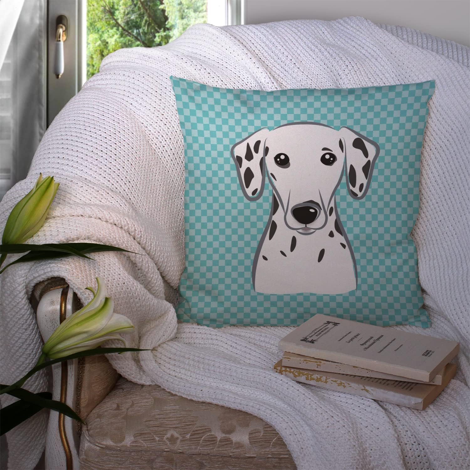 Caroline's Treasures BB1148PW1414 Checkerboard Blue Dalmatian Fabric Decorative Pillow Machine Washable, Indoor Outdoor Decorative Pillow for Couch, Bed or Patio, 14Hx14W