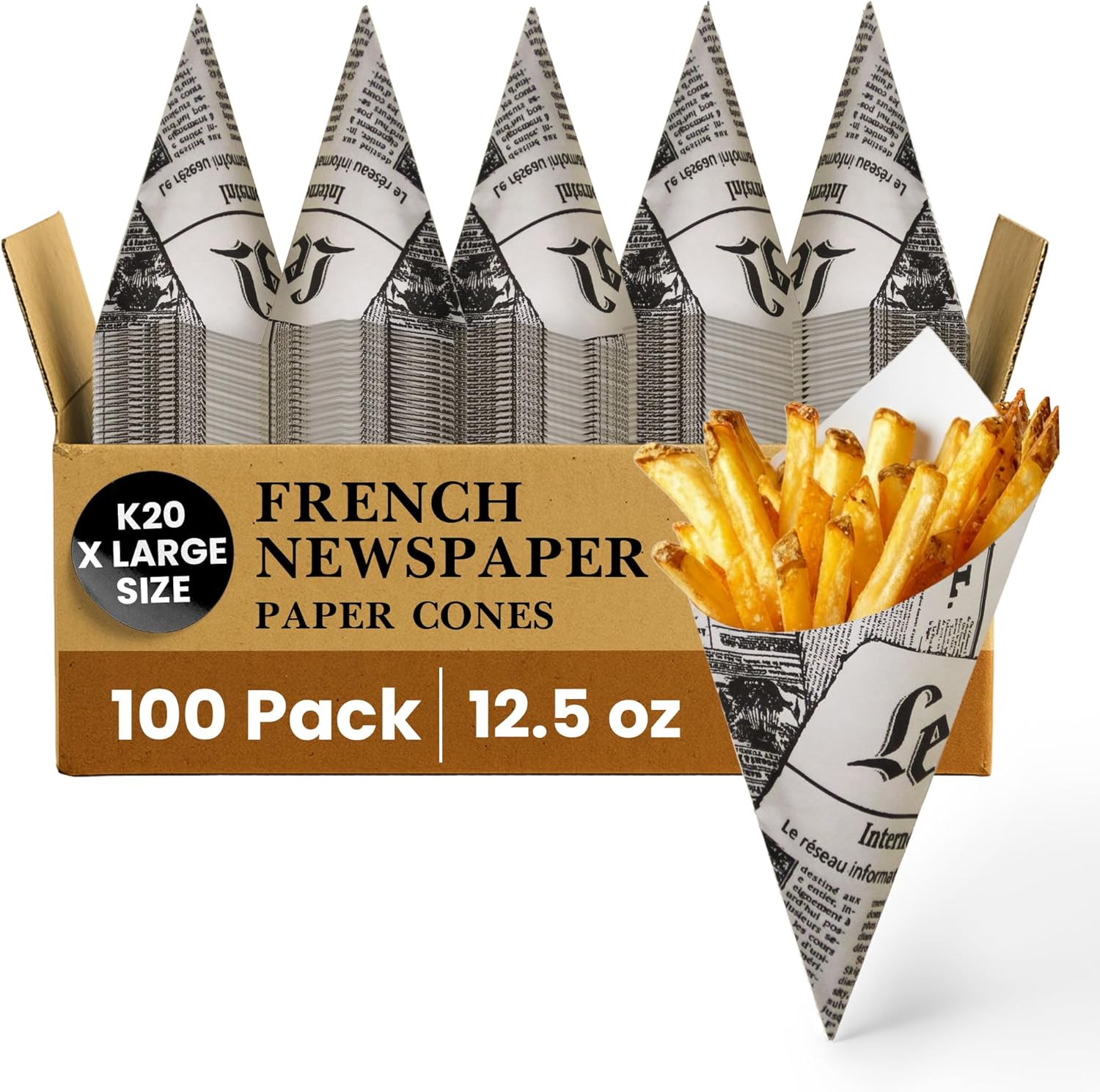 Friteshop Le Mende French Newsprint Paper Cones K-20 X-Large 12.5 oz - Disposable, Grease Absorbing - Hors d’oeuvres & French Fries Holder, Takeaway Food - European Made Snack Holder - 100 Count