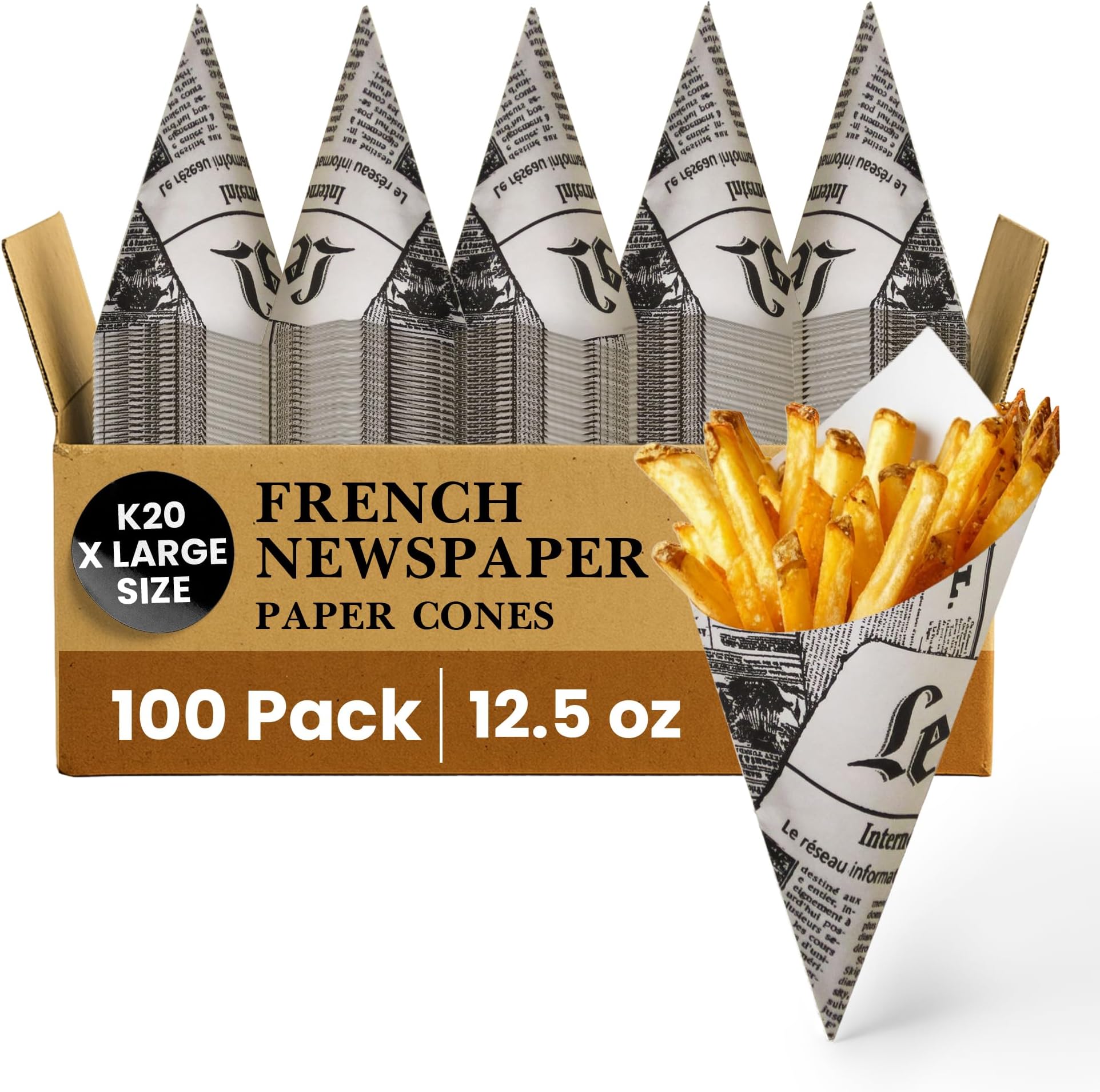 Friteshop Le Mende French Newsprint Paper Cones K-20 X-Large 12.5 oz - Disposable, Grease Absorbing - Hors d’oeuvres & French Fries Holder, Takeaway Food - European Made Snack Holder - 100 Count
