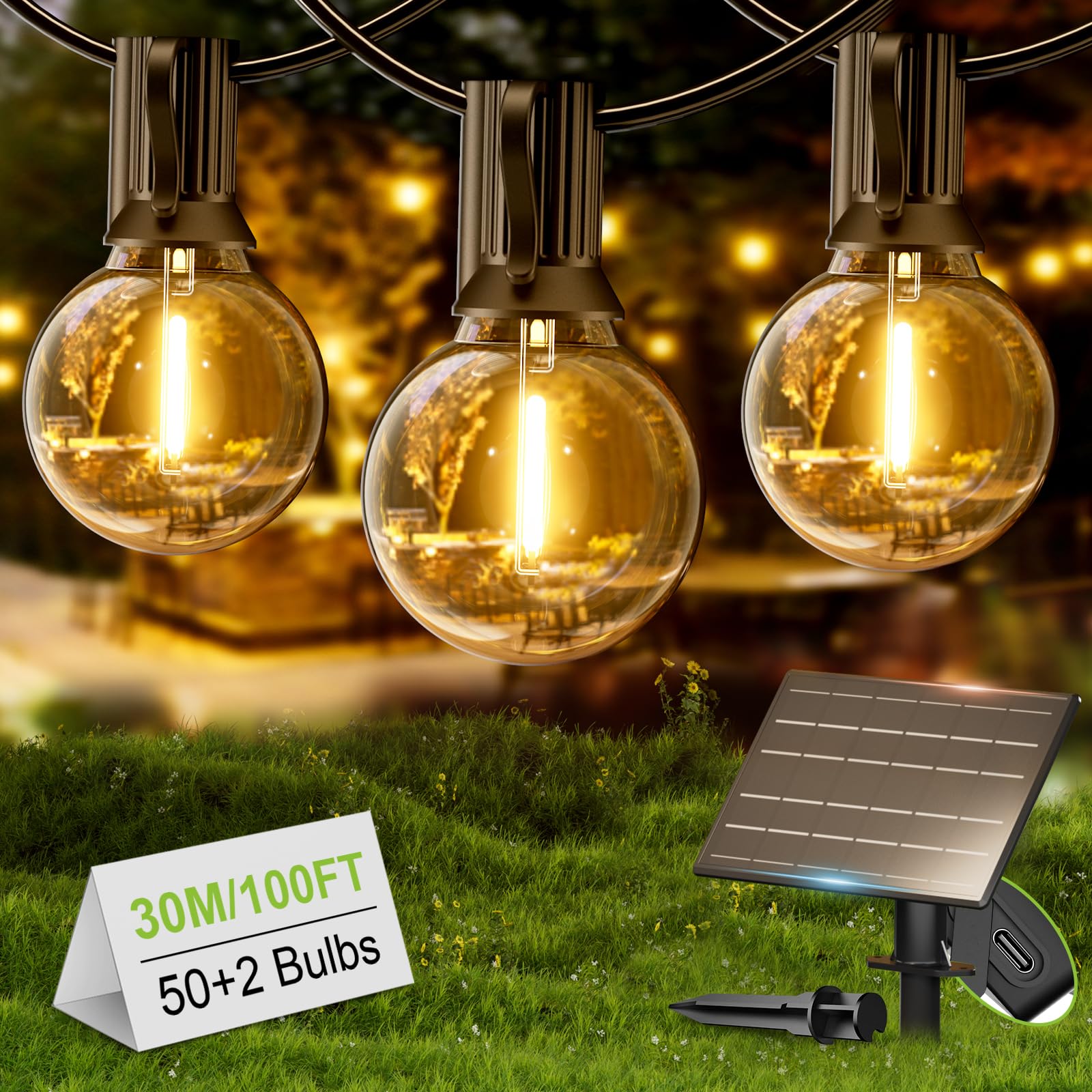 Yuusei Guirnalda Luces Exterior Solar 30m/100ft, G40 IP45 Al Aire Libre Jardín Luces De Cadena Con 50+2pcs LED Inastillable Bombillas, Impermeable Luces Para Patio Trasero Bistro Fiesta Yard