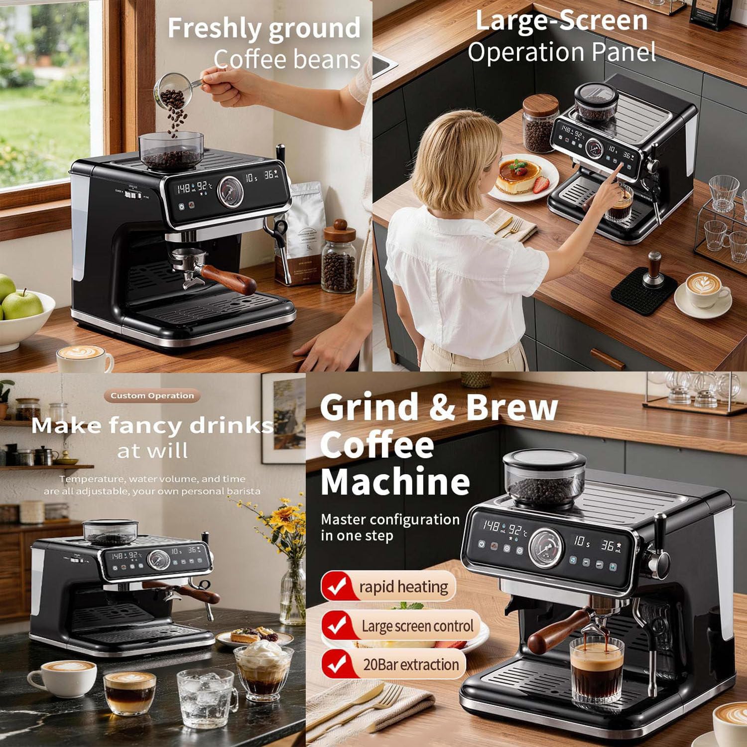 Molinillo de café y cafetera, máquina de Espresso de 20 Bares, ajustes de Temperatura y Volumen, Pantalla táctil LCD, para Baristas caseros o para Preparar Lattes y capuchinos.