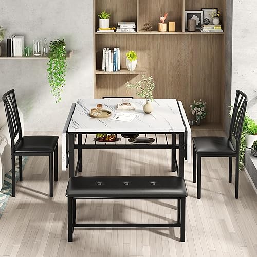 Miniatura 3 de Lamerge Juego de mesa de comedor de 4 piezas para 3 a 6 personas, juego de mesa de cocina extensible de 63 pulgadas con 1 banco y 2 sillas de
