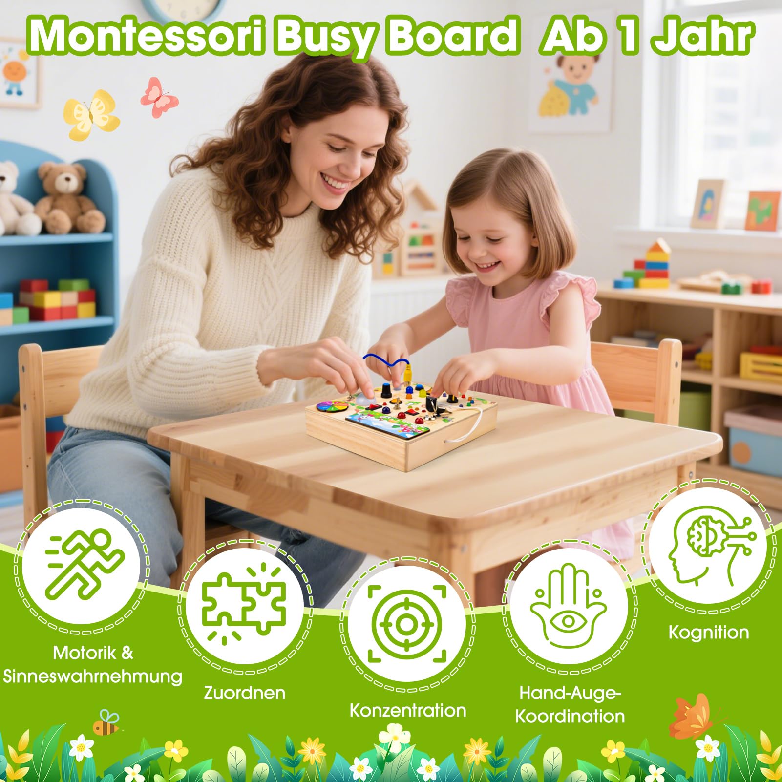Fwiull Montessori Spielzeug ab 1 Jahr,Baby Montessori Busy Board,Activity Board Montessori ab 2 Jahr, Motorikspielzeug mit 29 LED-Lichtschalter Sensory Learning Toys Geeignet für 1 2 3 4 Jahre