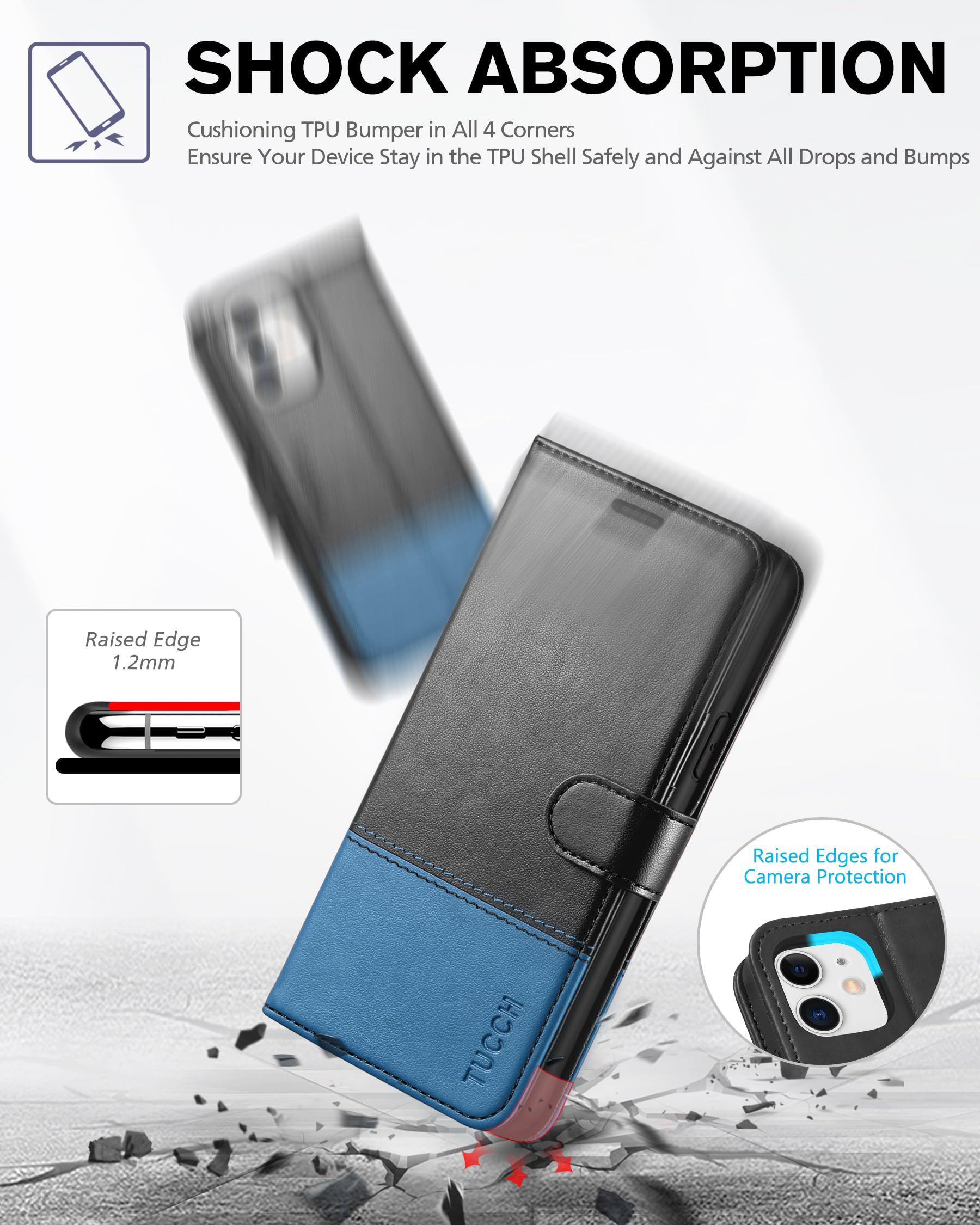 TUCCH Cover per iPhone 11, Custodia Folio [RFID Blocking] Portafoglio Pelle Sintetica TPU Antiurto, Supporto Slot per Schede Protezione Ottimale per iPhone 11 (6,1 pollici, 2019), Nero Azzurro