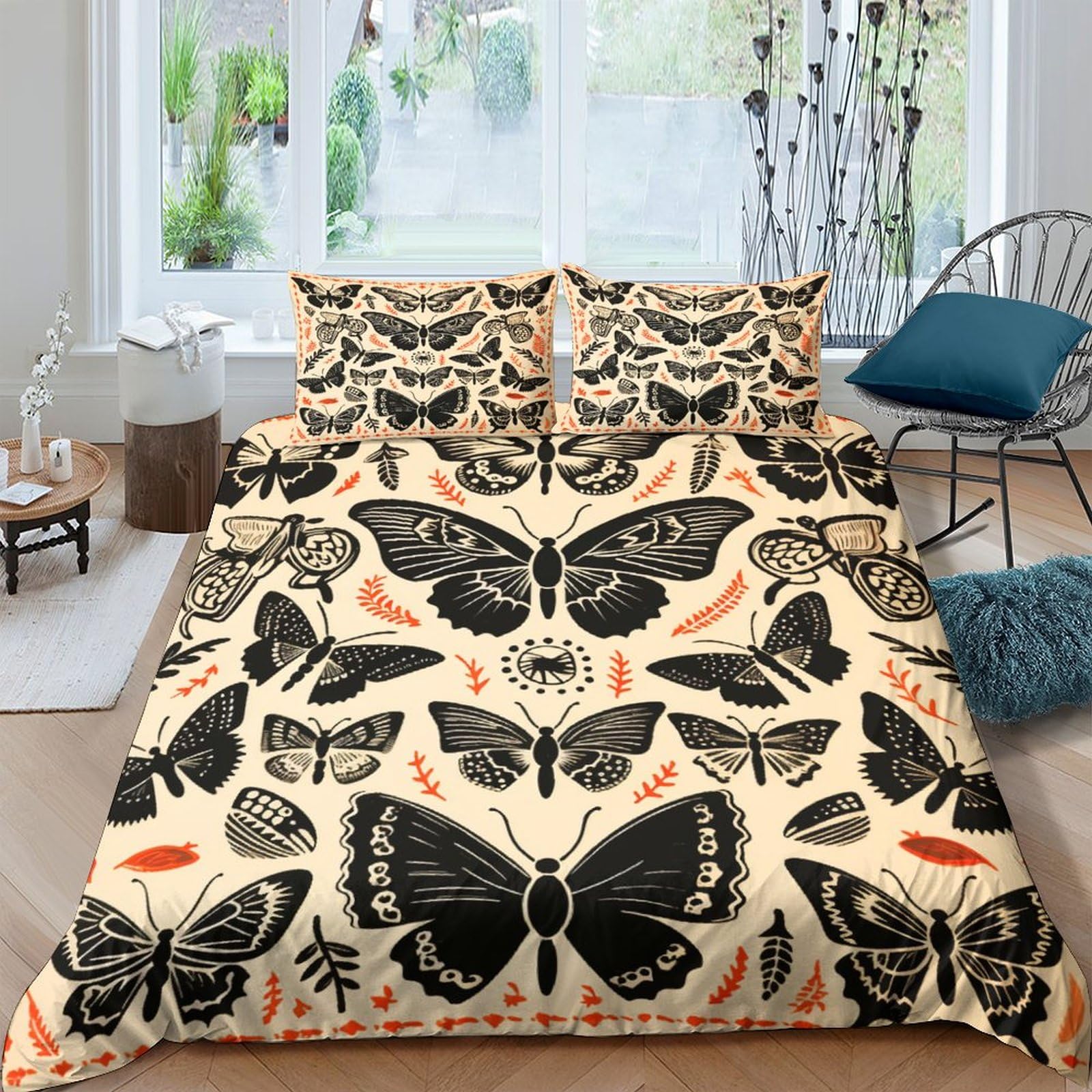 Housse de couette papillon 3D parure de lit double 200x200 microfibre taies d'oreiller enfant adulte