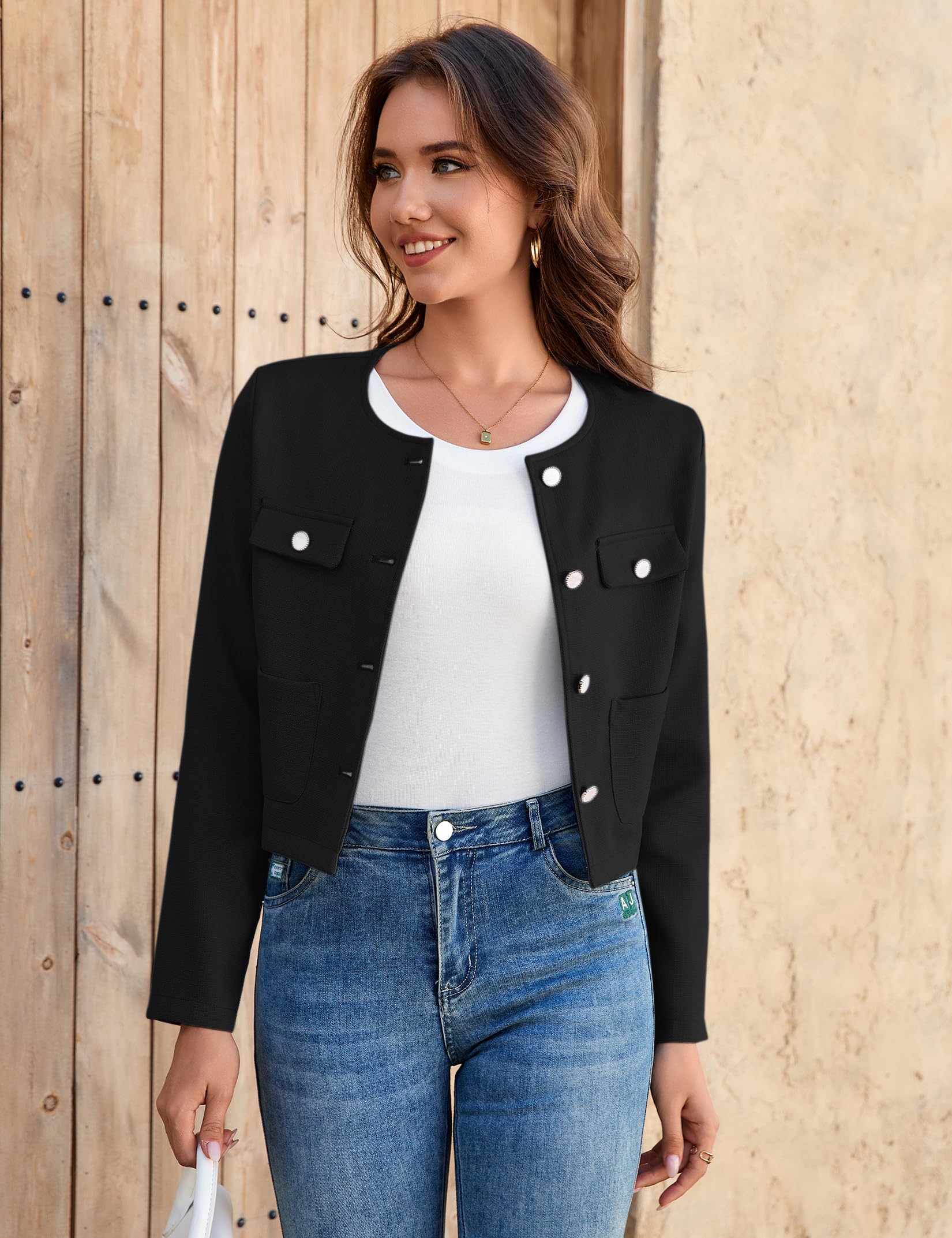 Yesfashion Boléro court à col rond pour femme - Cardigan à manches longues - Boléro festif de mariage pour robe, pantalon
