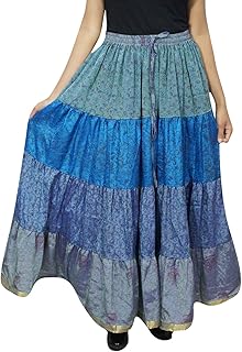 Mogul Interior Womens Maxi Skirt Bohemian Tiered Aqua Blue Sari Gypsy Skirts OneSize