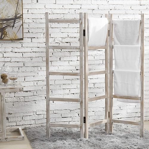 Miniatura 2 de MyGift Toallero y manta estilo escalera de madera encalada vintage de 3 paneles