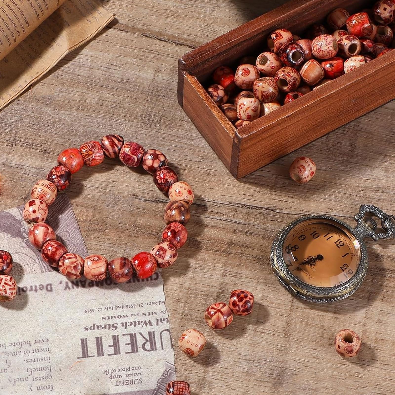 400 Perline Di Legno Naturali - 8 Modelli, Foro 5mm, Per Braccialetti Fai Da Te E Decorazioni - Foto 4