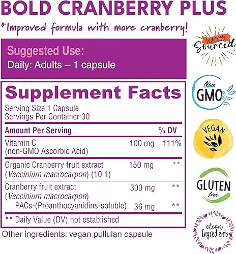 Miniatura 4 de Bold Cranberry Plus – 36 mg PAC – PAC 100% soluble – Apoyo urinario del tracto urinario – Pastillas de arándano para mujeres y hombres – con