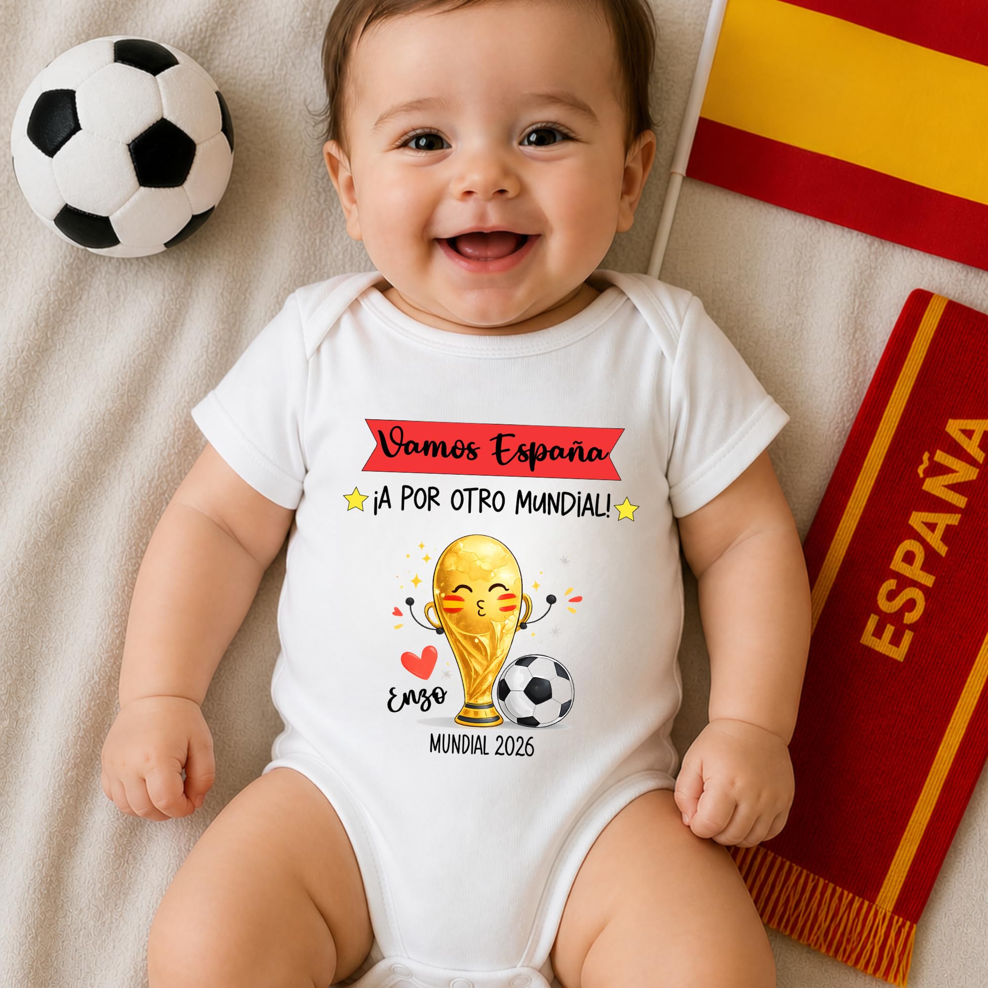 Body Bebé España Mundial 2026 Personalizado con Nombre – Algodón 100% – Manga Corta o Larga – Regalo Bebé Futbolero – Ropa Bebé Selección Española