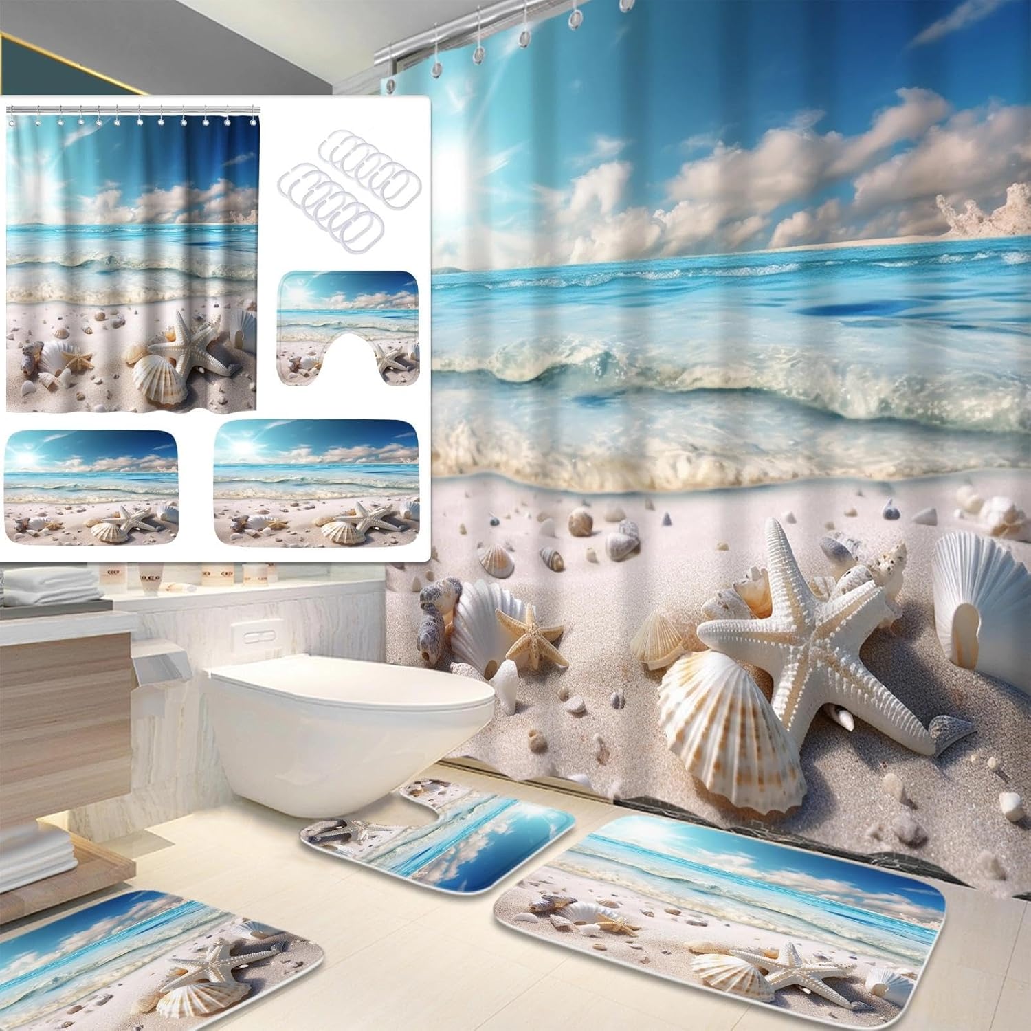 Beach Ocean Coastal Nautical 4 Pcs Bathroom Sets with Shower Curtain Set and Rugs, Non-Slip Rugs Bath Mat U Shaped Mat Tropical Seashell Shower Curtains Waterproof with 12 Hooks, 72 x 72 Inch Blue