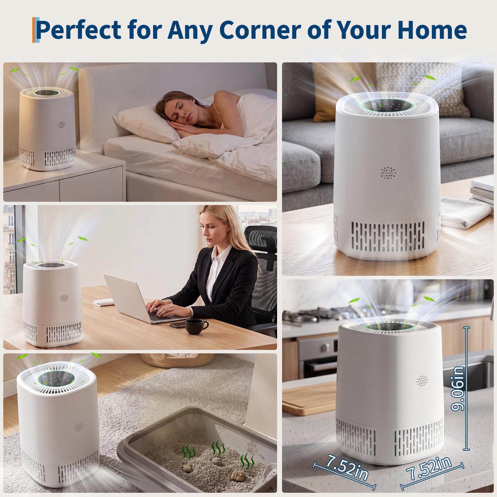 Purificatore d'aria con HEPA + filtro ai carboni attivi, CADR 100 m³/h per fino a 15 ㎡, 5 livelli, modalità automatica, modalità standby 24 dB, timer, sicurezza per bambini, 5 V Type-c USB