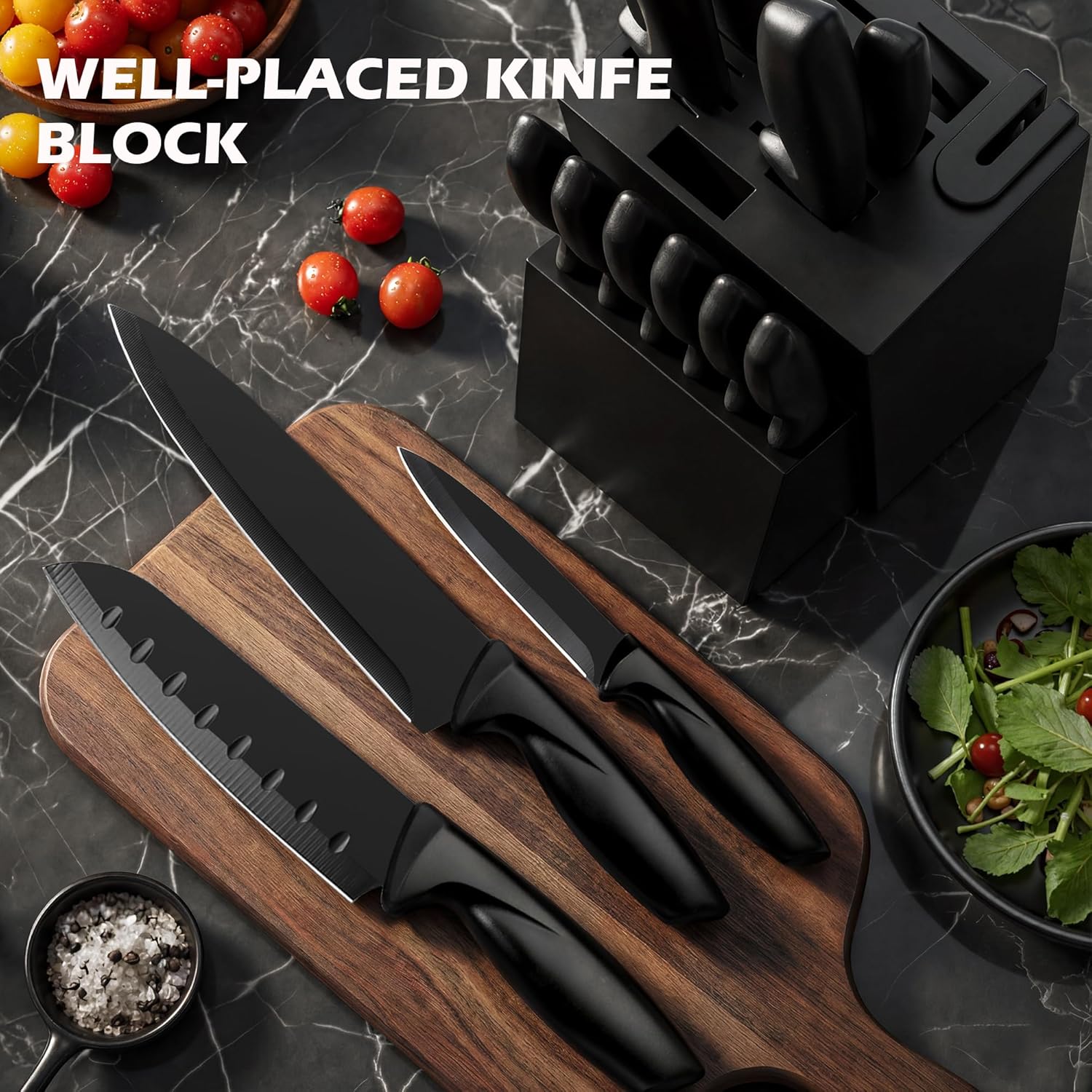 Knife Set, KroWallu 16 Pieces Knife Sets for Kitchen with Block, Dishwasher Safe Kitchen Knife Set with Built-in Sharpener, Japanese Stainless Steel Black Knife Block Set