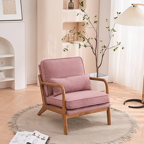 Miniatura 11 de Sillón tapizado para sala de estar, moderno de lino para interiores, silla de ocio individual con reposabrazos de roble y almohada lumbar, silla