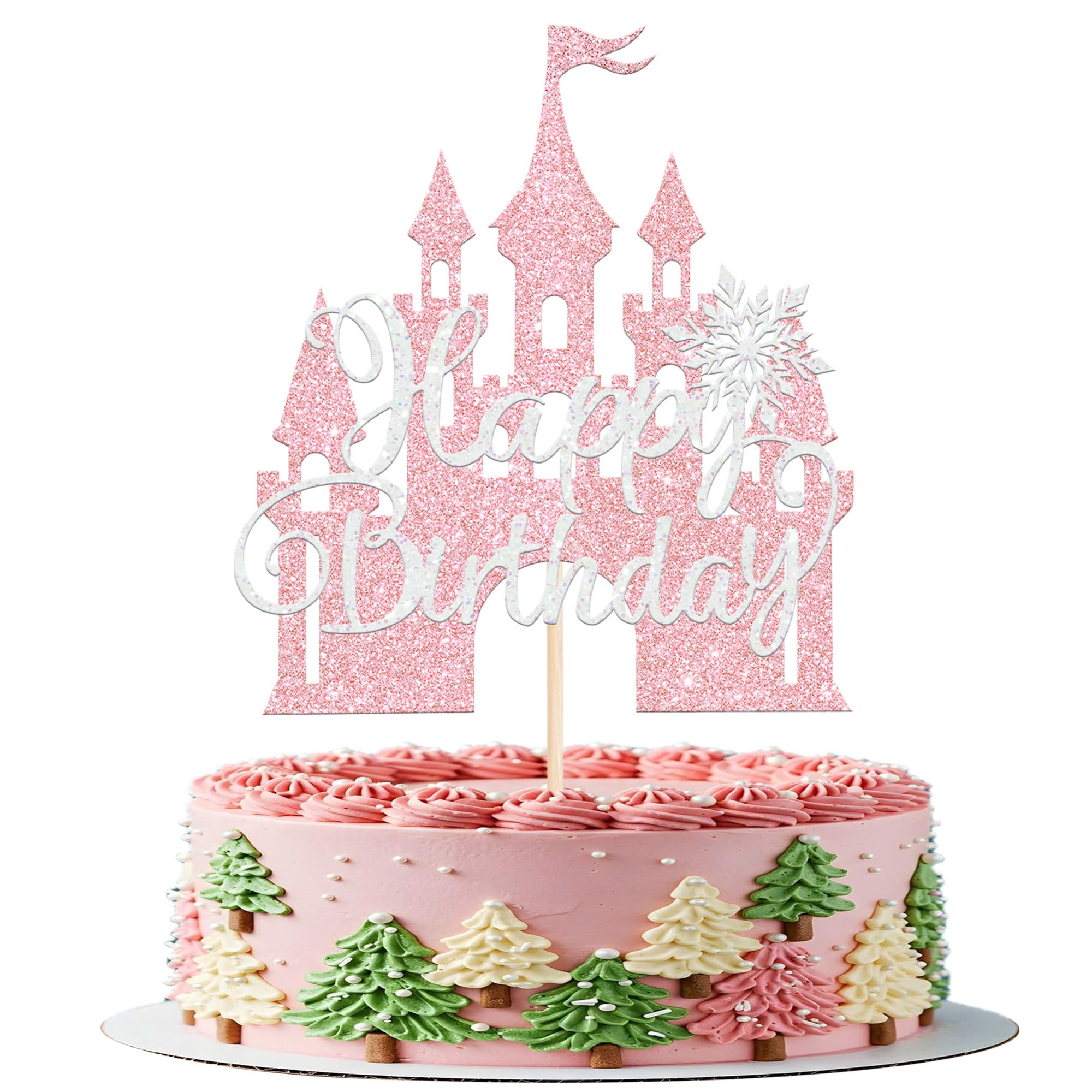 1 Stück Schloss Schneeflocke Tortendeko Glitzer Happy Birthday Cake Topper Winter Schneeflocken Themed Kuchen Deko für Baby Dusche Mädchen Geburtstag Hochzeit Party Kuchen Dekorationen Hellrosa