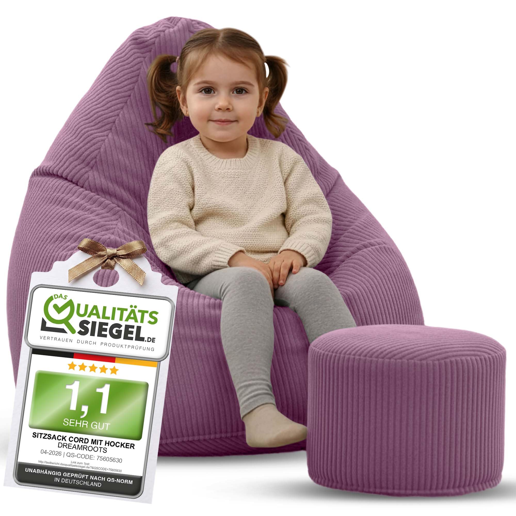 DreamRoots Sitzsack Kinder Cord 70x70x105 mit Hocker, Plum Smoothie | Bean Bag Chair mit Hocker, Lehne & Bezug, mit Füllung, Sitzkissen Boden, Kindersitzsack Kinderzimmer