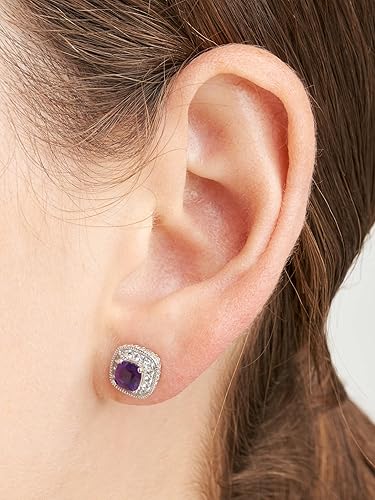 Miniatura 2 de Aretes con broche de plato esterlina con piedra natal con corte Asscher con un halo de zafiro blanco