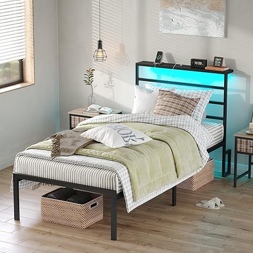 Twin Size Bed Frame with Headboard, Metal Platform Bed Frame with Charging Station, Heavy Duty Platform Bed Frame with LED, Easy Assembly, Black