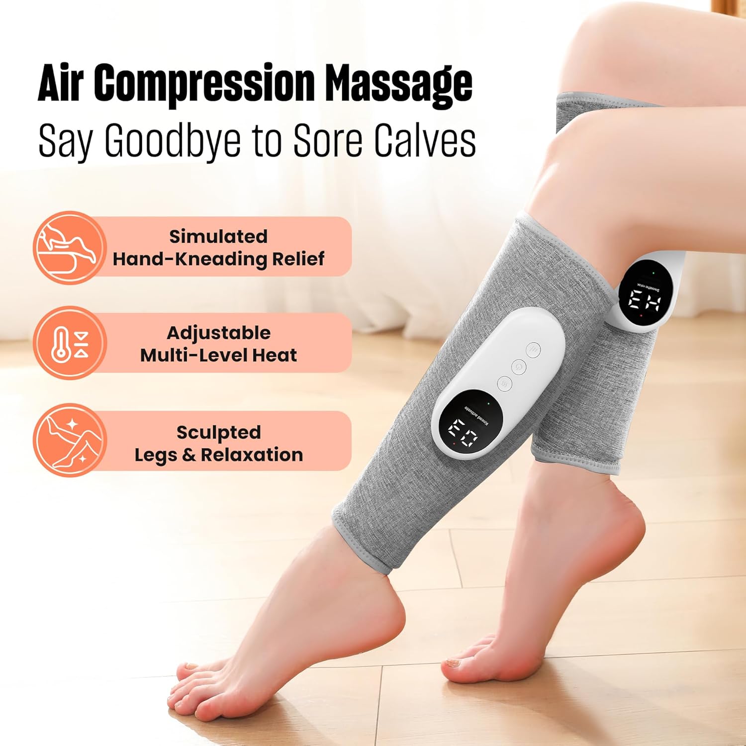 Leg Massager with Heat and Compression, Calf Massager for Circulation and Pain with 3 Intensities, 3 Modes, Restless Legs Syndrome Relief Compress Leg Machine, Gifts for Women (Pair) (Light Gray) - Image 2