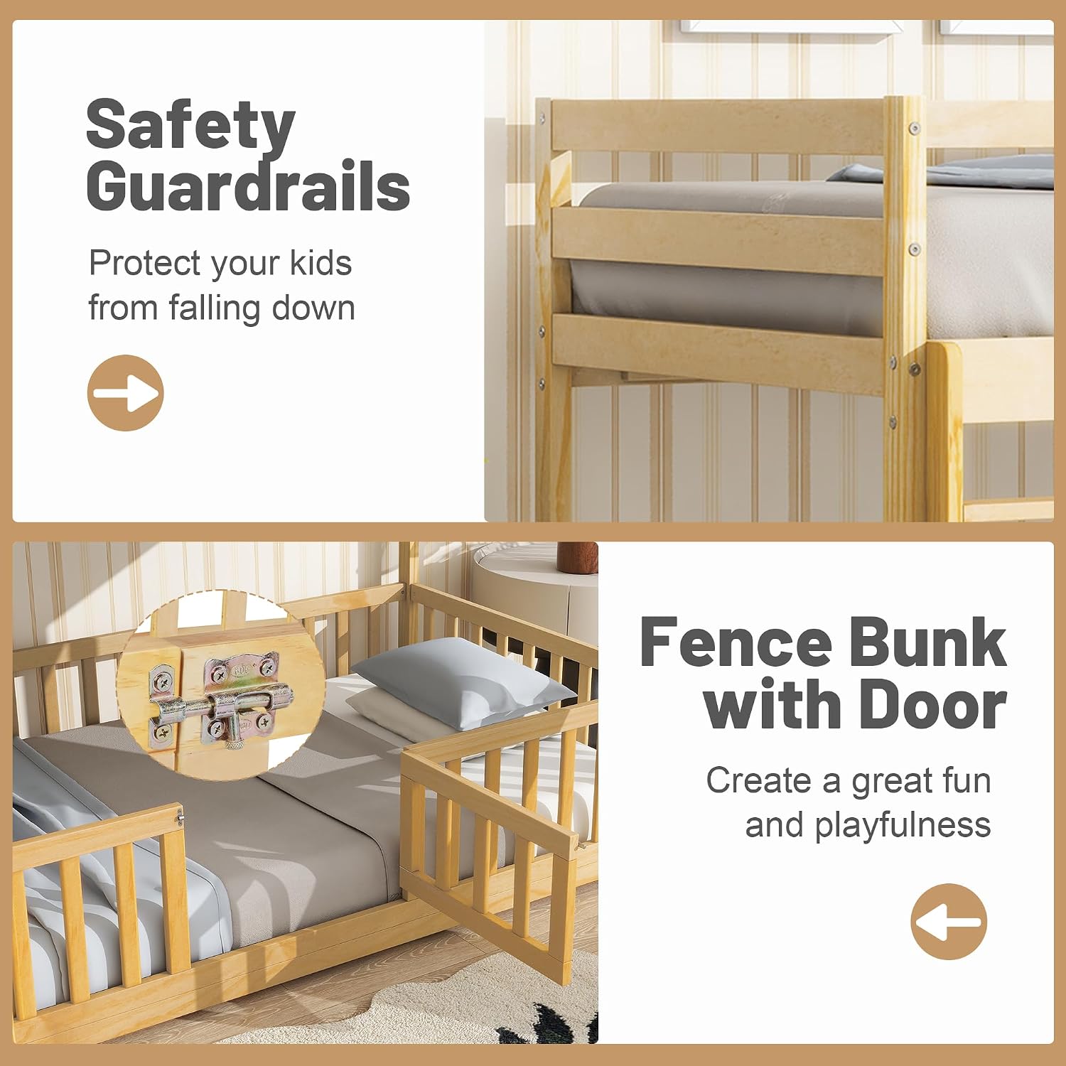 Low Bunk Beds Twin Over Twin for Kids, Wood Twin Bunk Bed with Slide, Fence and Ladder, Floor Bunk Beds for Girls Boys,Natural