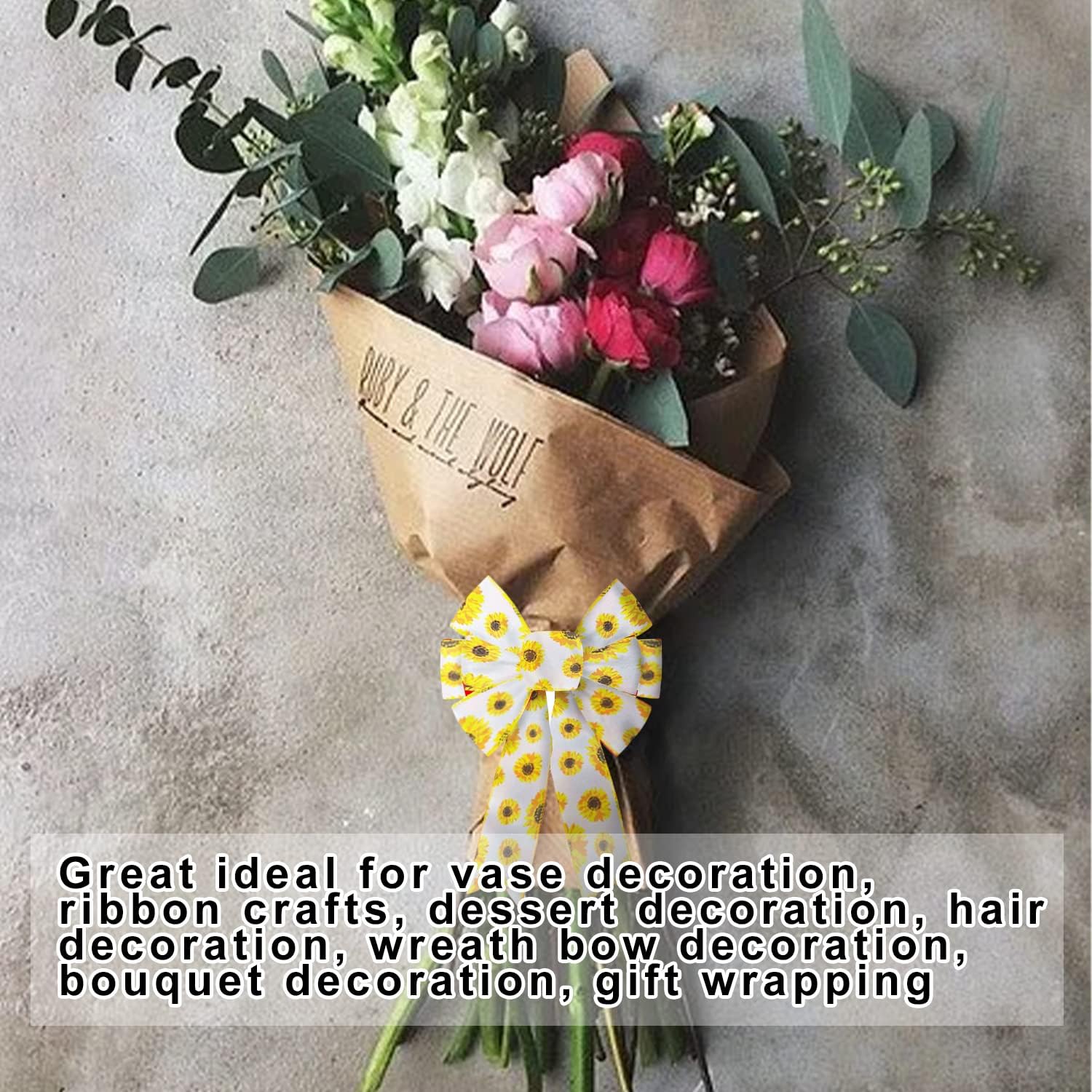 Sunflower Ribbon - 6 Rolls, 40 Yards, Wired Edge, Yellow, 2.5 Inch Burlap, Plaid Stripe, Summer Fall, Floral, Bow Wreath, DIY Crafts, Party Decoration
