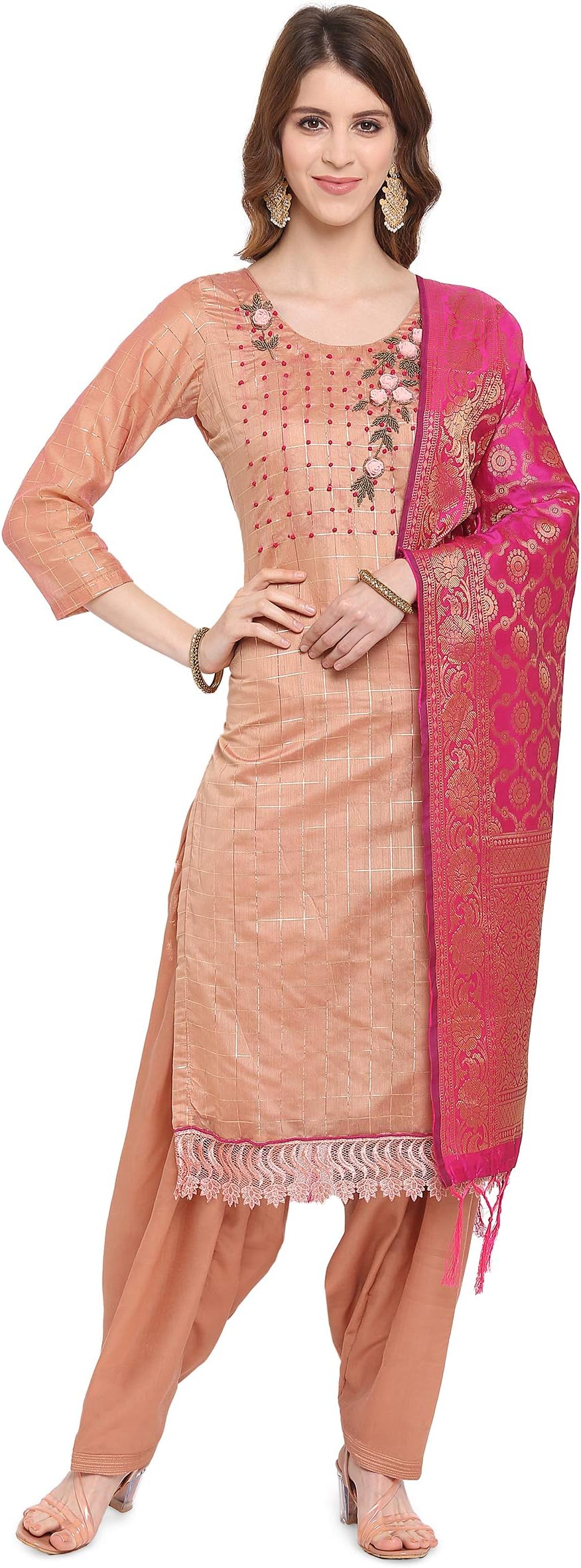 Ethnic JunctionWomen's Chanderi Zari Checks Handwork Embroidery Unstiched Dress Material With Banarasi Dupatta (Pink)