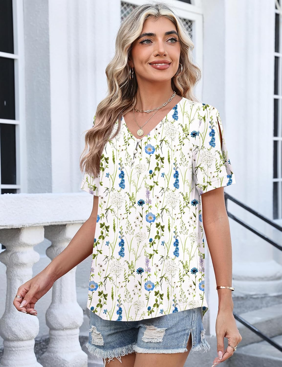 TCOT Women's Short Sleeve Tops Summer Cold Shoulder Button V Neck Shirts Dressy Casual Blouses - Image 4