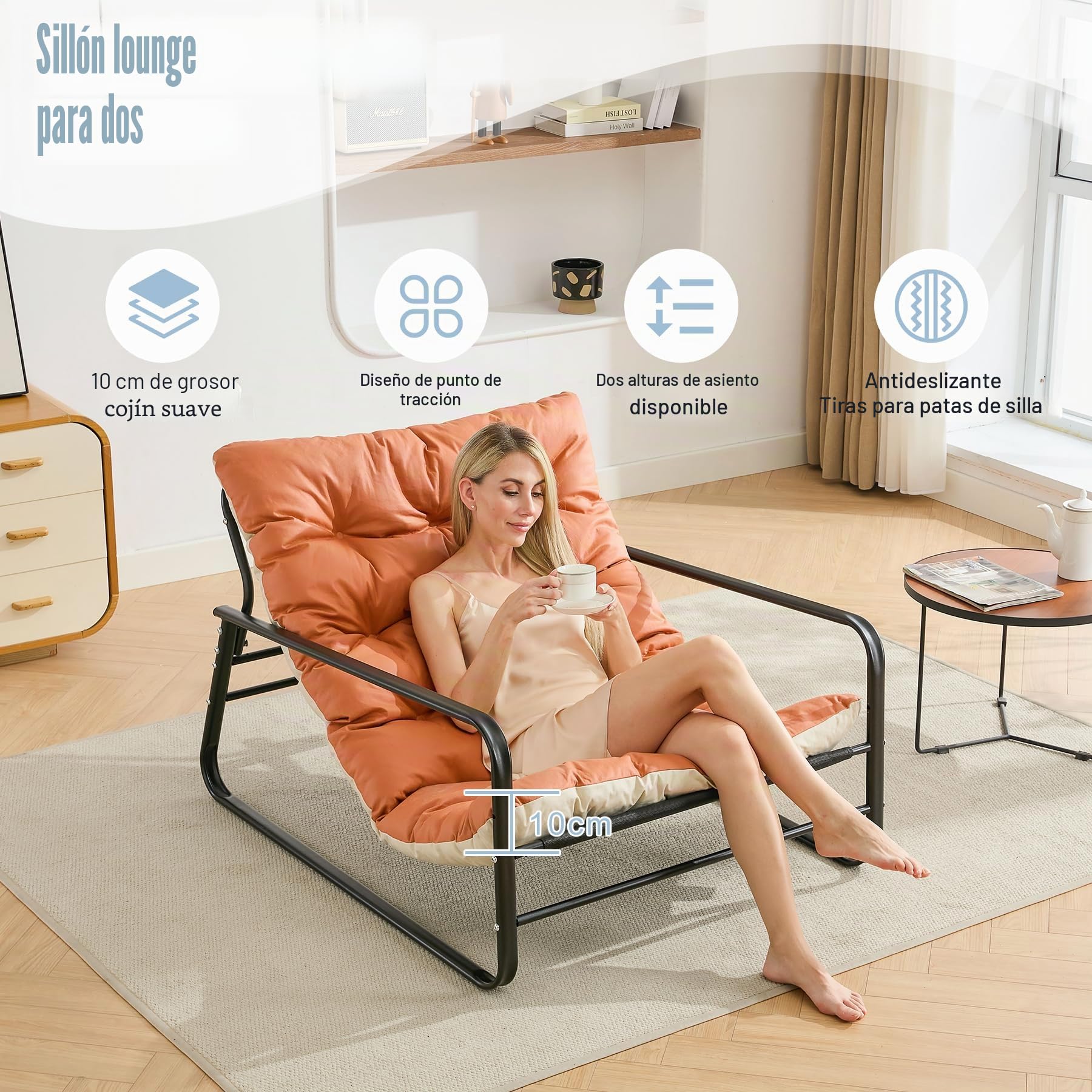 Sillón de salón de jardín con cojín reversible, para jardín, balcón, muebles de acero, acolchado, para 2 personas, para exteriores, para balcón, terraza (naranja+beige)