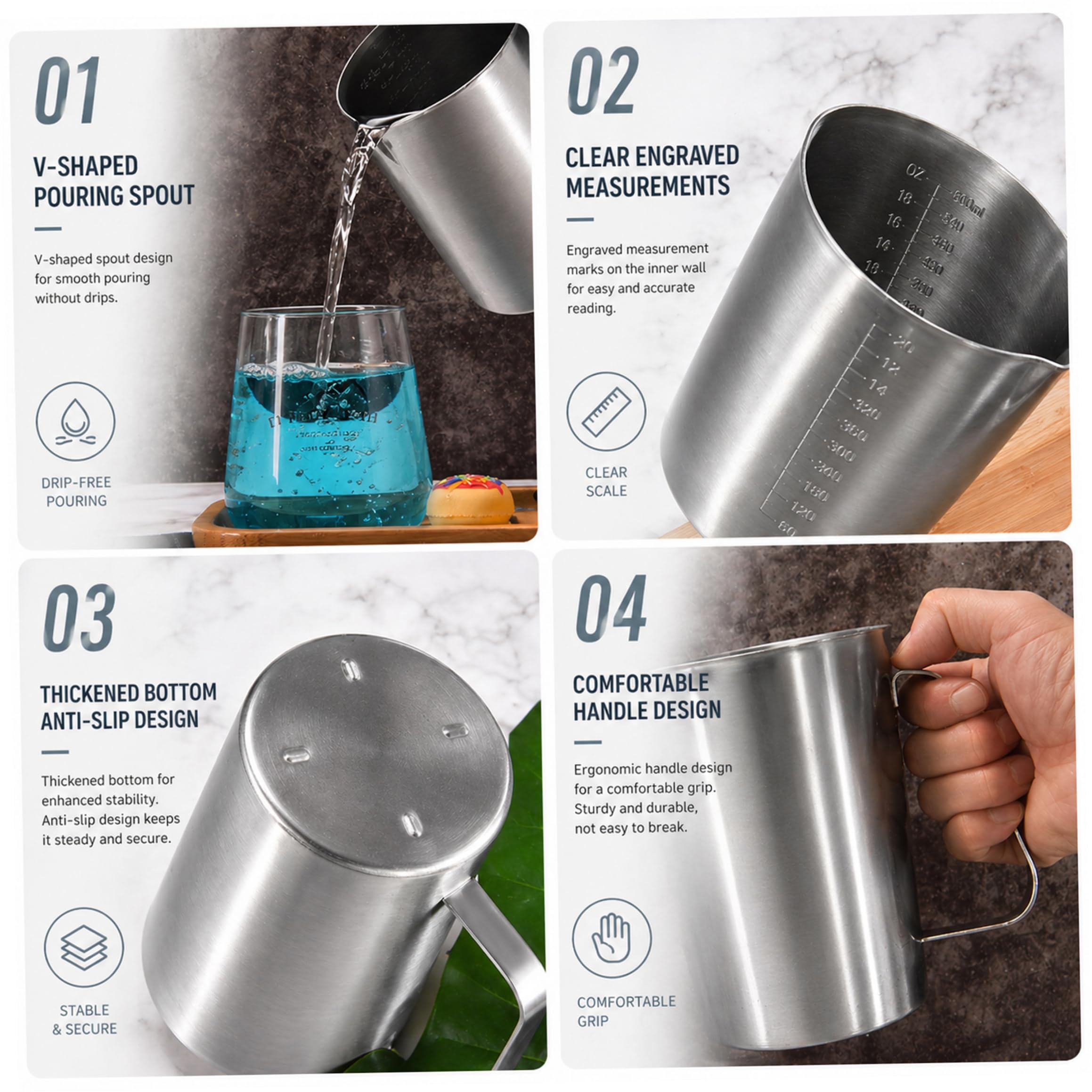 Tazas Medidoras Jarras, Taza Medidora De 1 L, Taza De Acero Inoxidable Con Escalas Internas Precisas, Boquilla Y Asa A Prueba De Fugas, Plateado