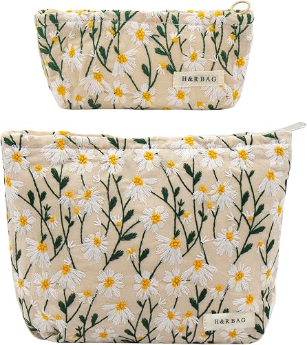 ONEGenug Makeup Bag, Set 2 Cosmetic Bags, Portable Pencil Case Makeup Pouch Travel Essentials Toiletry Bags for Women Girls, A-daisy, Floral makeup bag