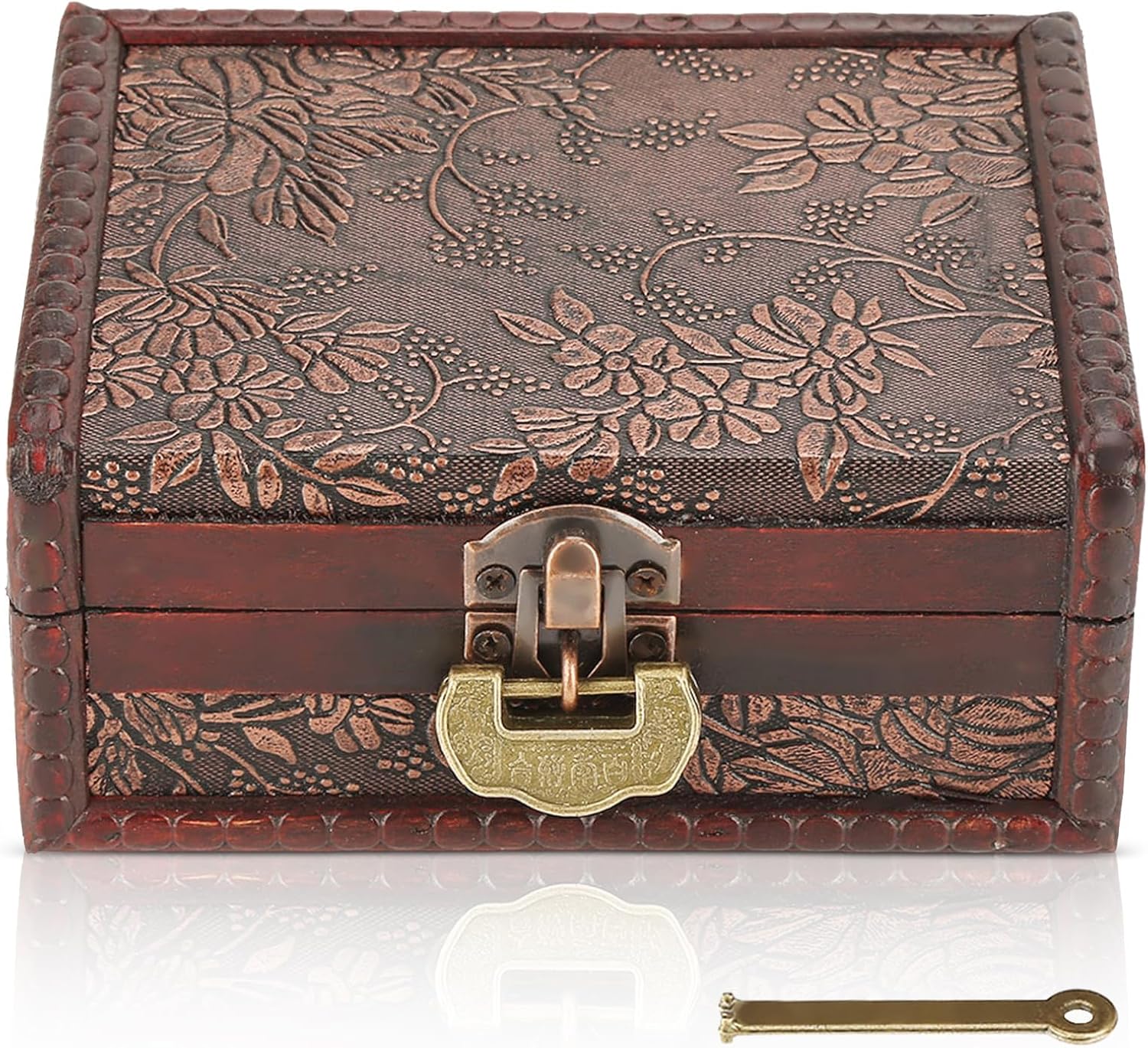 HERCHR Vintage Decorative Wooden Box with lock and key, Wooden Box with Hinged Lid Jewelry Keepsake Storage Treasure Jewelry Chest