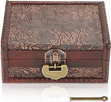 HERCHR Wooden Treasure Chest Box with Key and Lock, Retro European Style Wooden Jewelry Storage Box Memory Keepsake Letter Treasure Chest Lockable with Hinged Lid for Home Decor