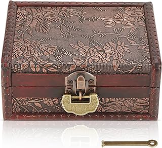 Vintage Decorative Wooden Box with lock and key, Wooden Box with Hinged Lid Jewelry Keepsake Storage Treasure Jewelry Chest