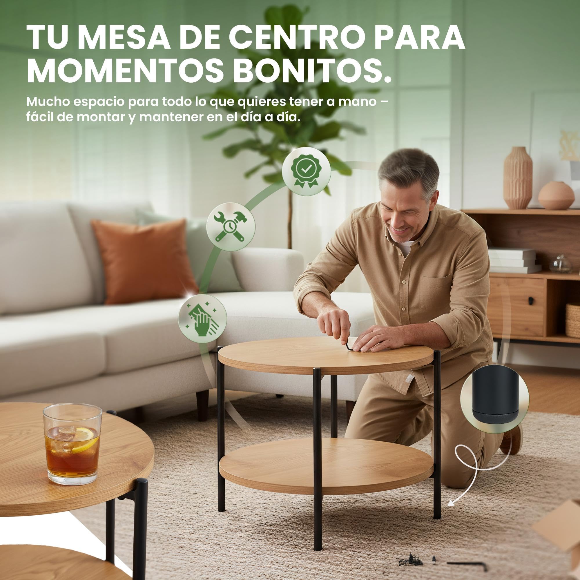 CLP Mesa de Centro Redonda de Madera Edduma, Mesa de sofá de 2 Niveles con Almacenamiento, pequeña Mesa Auxiliar con Estructura de Metal Negra, Color:Natura, Tamaño:Ø 80 cm
