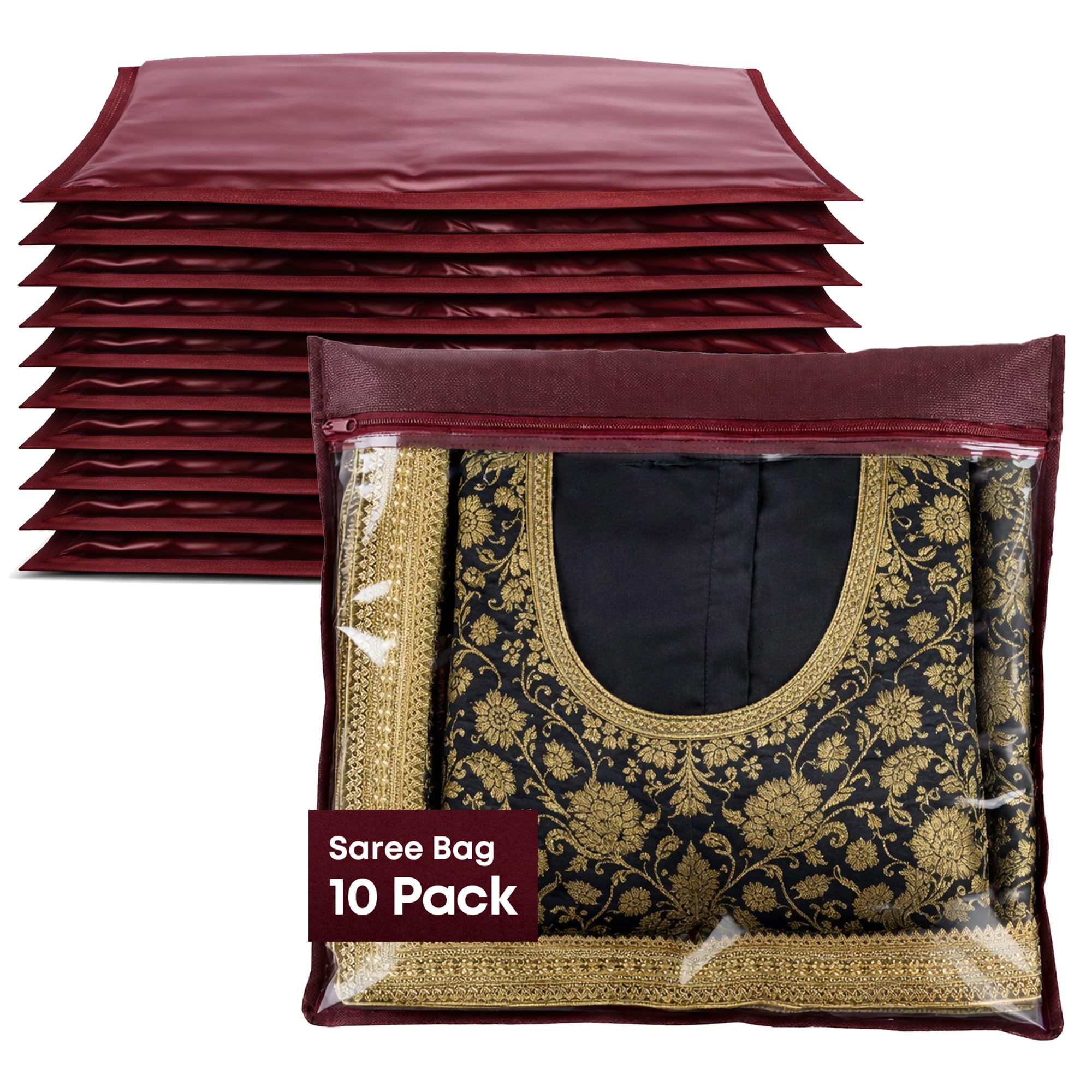 FiNeWaY@ 10 x Clear Saree Clothes Garment Sari Storage Bags Wardrobe Organiser Maroon