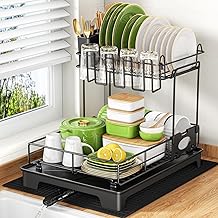 2 Tier Dish Drainer, Stainless Steel Dish Drying Rack for Sink with Utensils, Cup Holder, Drying Pad and Automatic Drainage - Black
