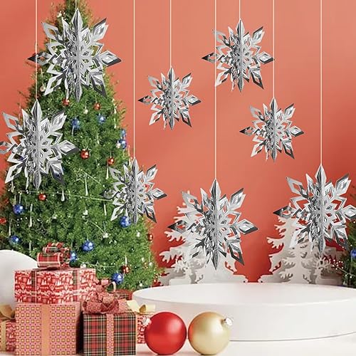 12 piezas grandes de Navidad colgantes de copo de nieve decoraciones de fiesta 3D de copos de nieve plateados para Navidad, boda, decoración de