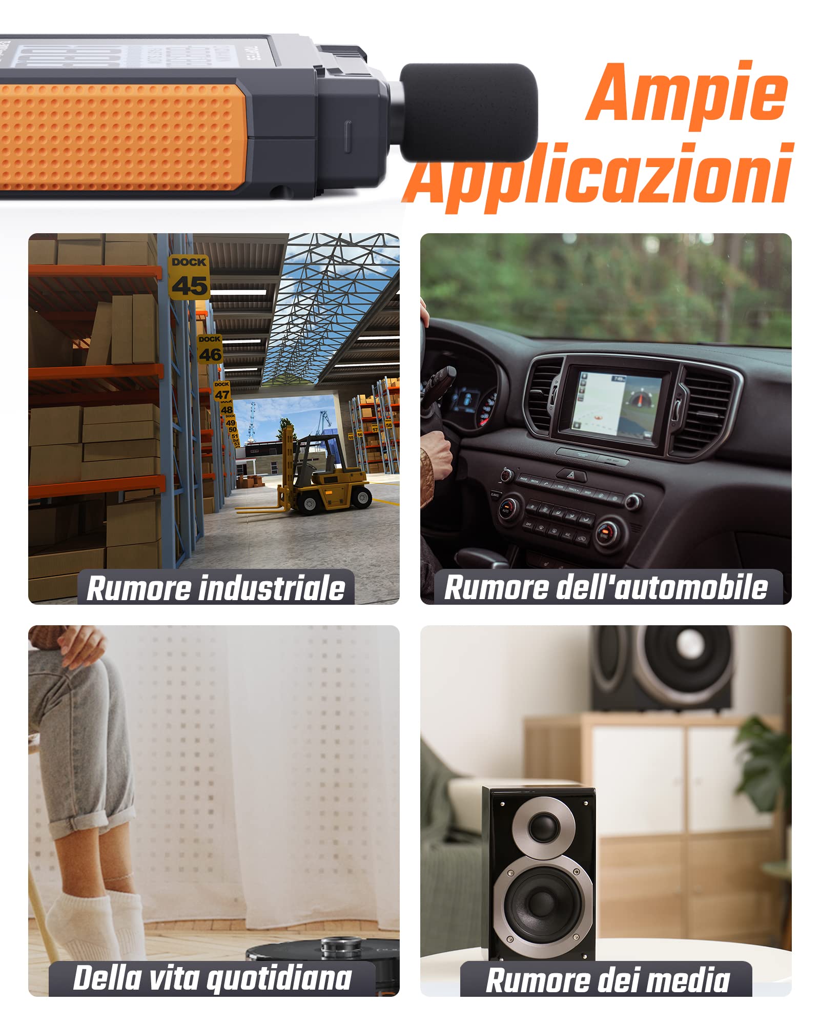 Fonometro, TopTes TS-501B Misuratore di decibel con schermo LCD retroilluminato da 2,25", ponderato A/C, intervallo 30-130 dB, valori MAX/MIN, uso domestico in fabbrica vicino al rumore - Arancione