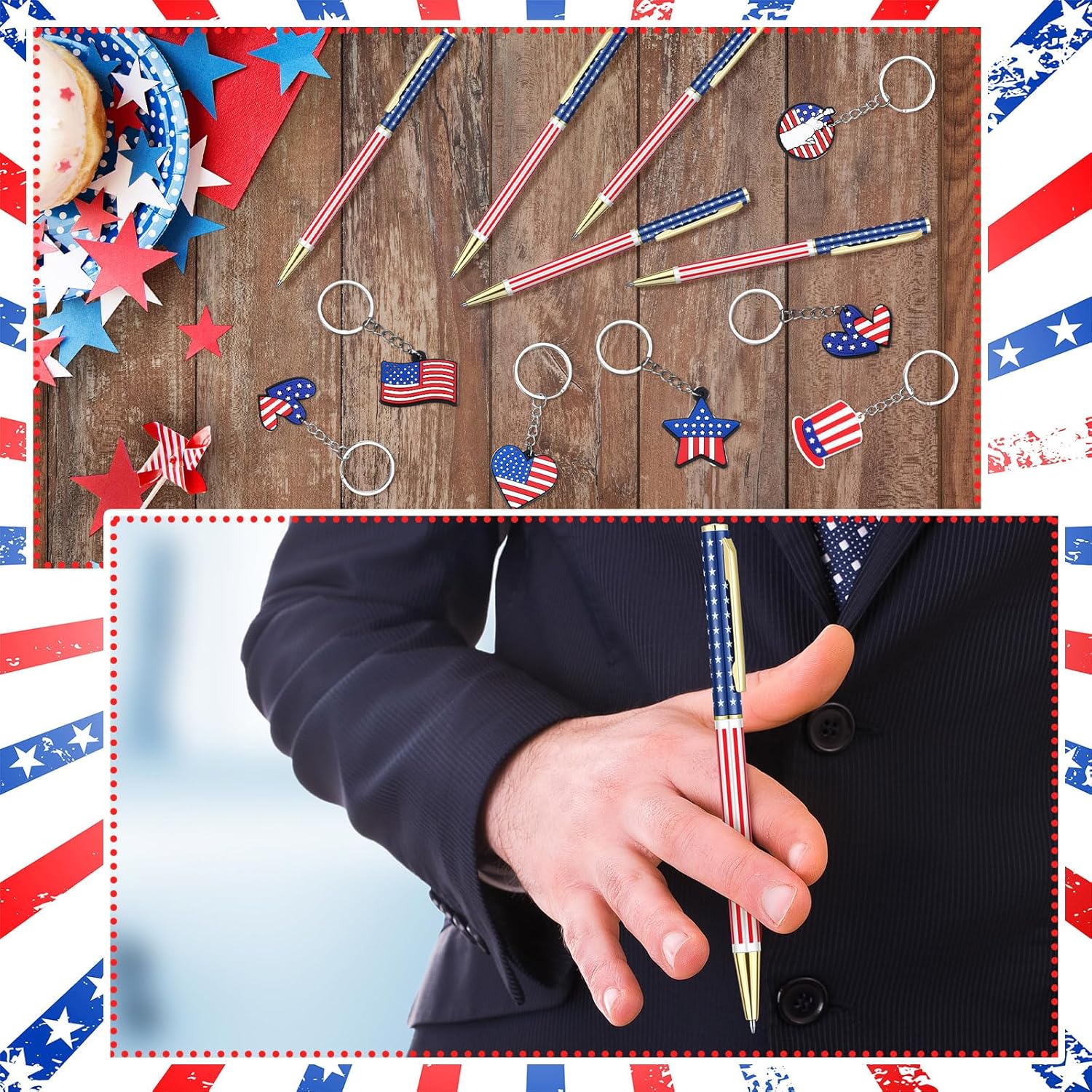 Huquary 48 Pcs Independence Day Metal Ballpoint Pens American Flag Keychain Set Gold Retractable Patriotic Pens USA Flag Key Chains Office Patriotic 4th of July Party Favors for Veterans Day
