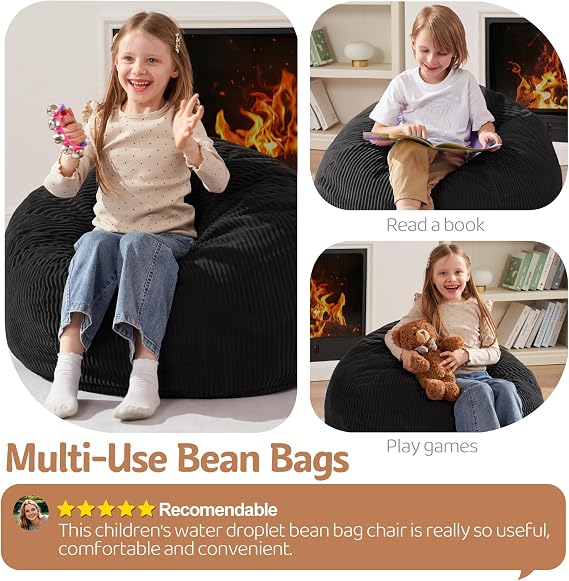 Homguava Bean Bag Chair,Teardrop Bean Bags Small Beanbag Chair with Memory Foam Filled and Ultra Soft Corduroy Cover for Living Room, Bedroom (Black 2FT)